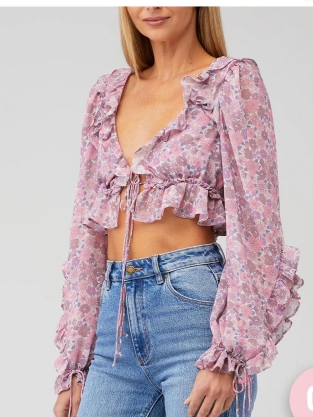 For Love Lemons Simona Floral Ruffle Tie Front Blouse Pink Purple Size XS